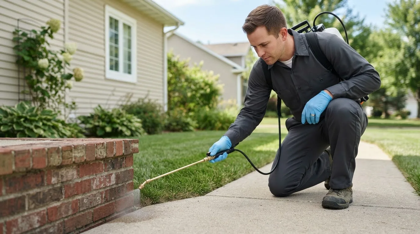 Pest control technician treating a home near Protivin, IA