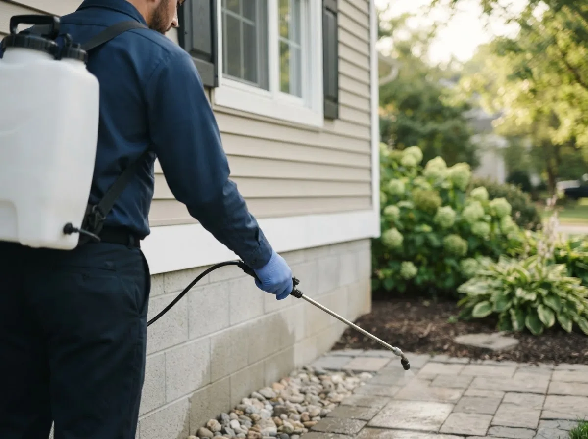 Pest control technician inspecting a home in Protivin, IA